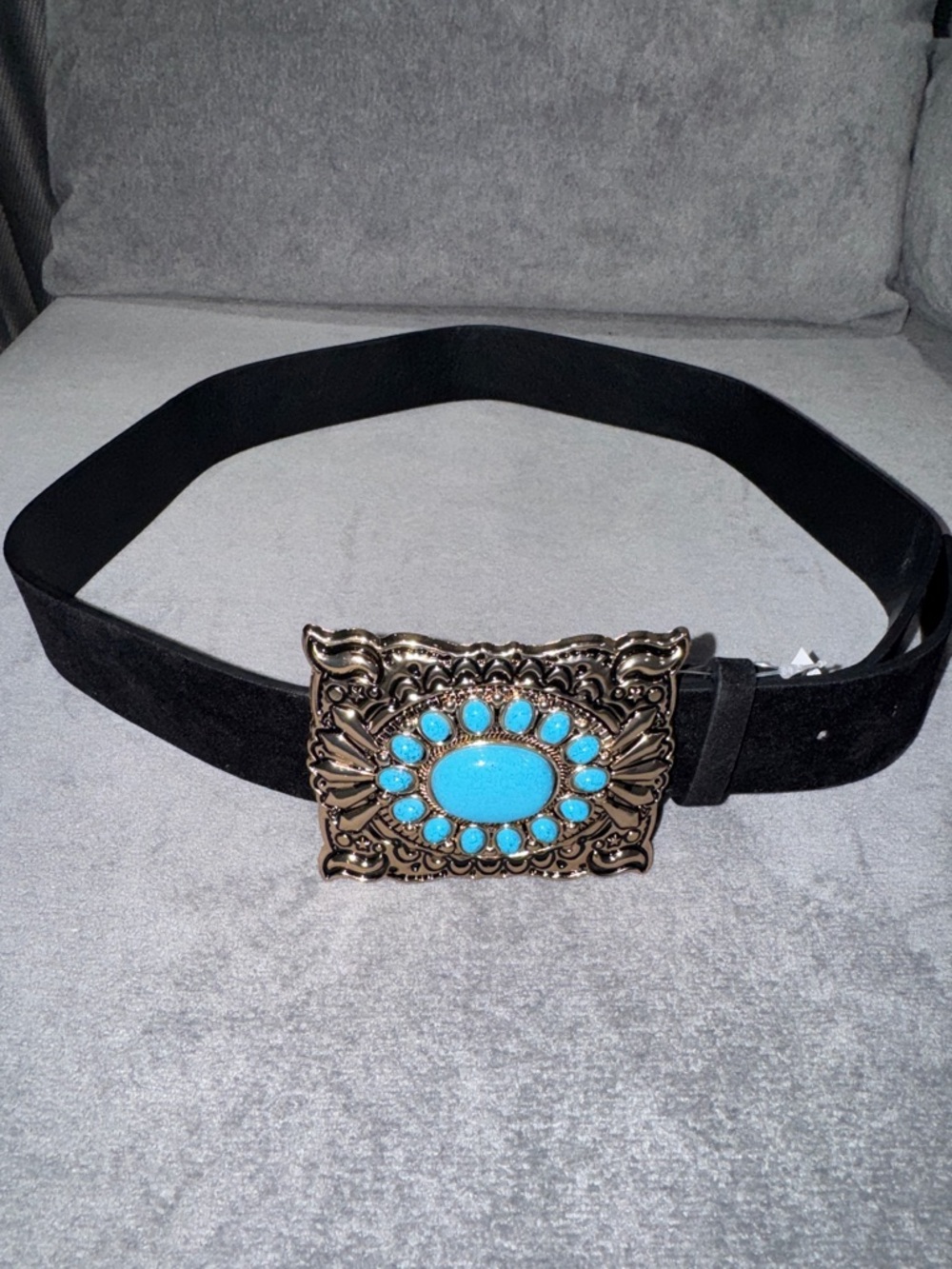Turquoise Stone Concho Black Velvet Belt - Picture 3 of 10